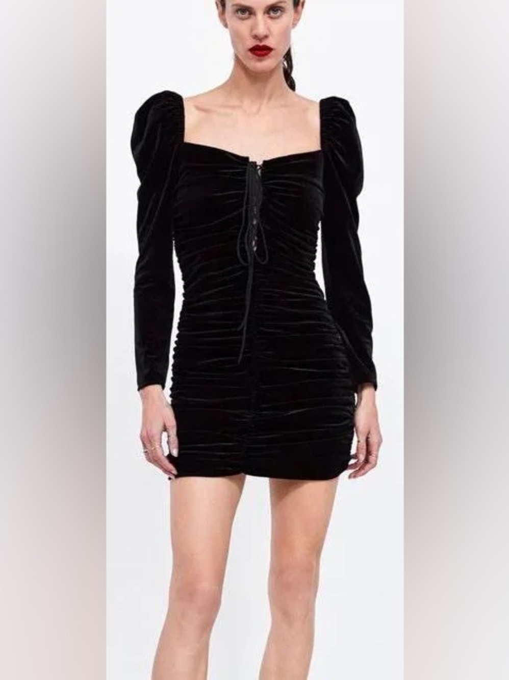 Zara Black Ruched Velvet Square-Neck Mini Dress